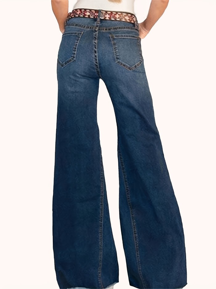 Women's Cute Jeans, Plus Size Heart Print Raw Hem Loose Fit High Stretch Flare Leg Denim Pants