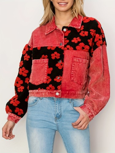 Floral Print Button Front Crop Jacket, Stylish Long Sleeve Corduroy Patchwork Jacket, Women's Clothing