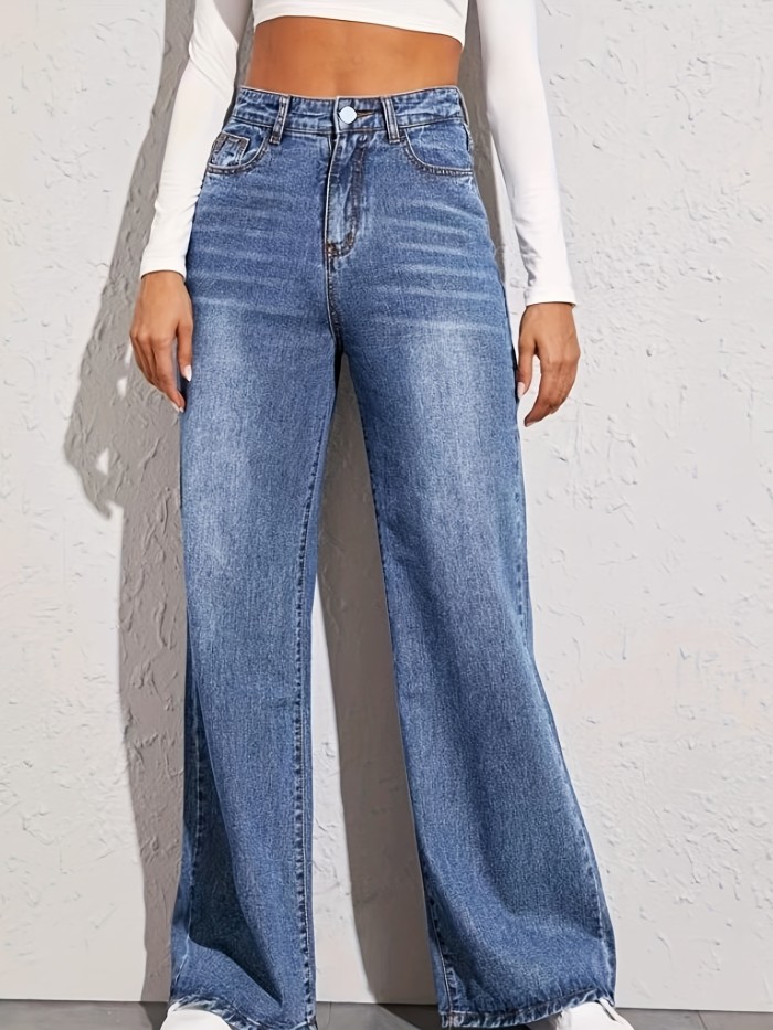 Blue Loose Fit Baggy Jeans, Mid-Stretch Loose Fit Slant Pockets Casual Wide Legs Jeans, Women's Denim Jeans & Clothing