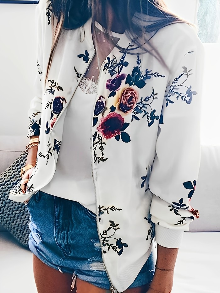 Floral Print Zip-up Jacket, Casual Long Sleeve Jacket For Fall & Winter, Women's Clothing