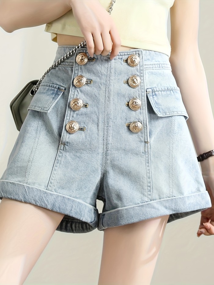 Double-breasted High Rise Denim Shorts, Plain Washed Blue Roll Up Hem Denim Shorts, Women's Denim Jeans & Clothing