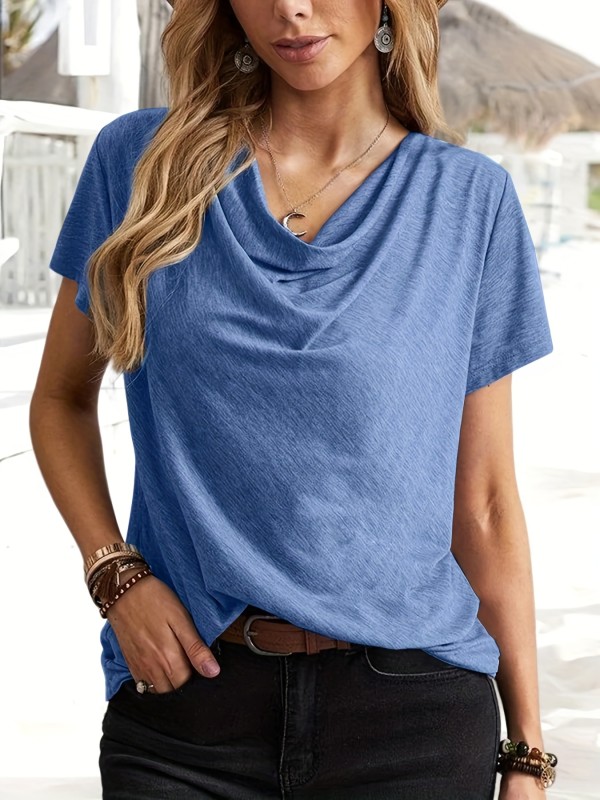 Women's Cowl Neck Short Sleeve T-Shirt - Elegant Solid Casual Top for Summer and Spring