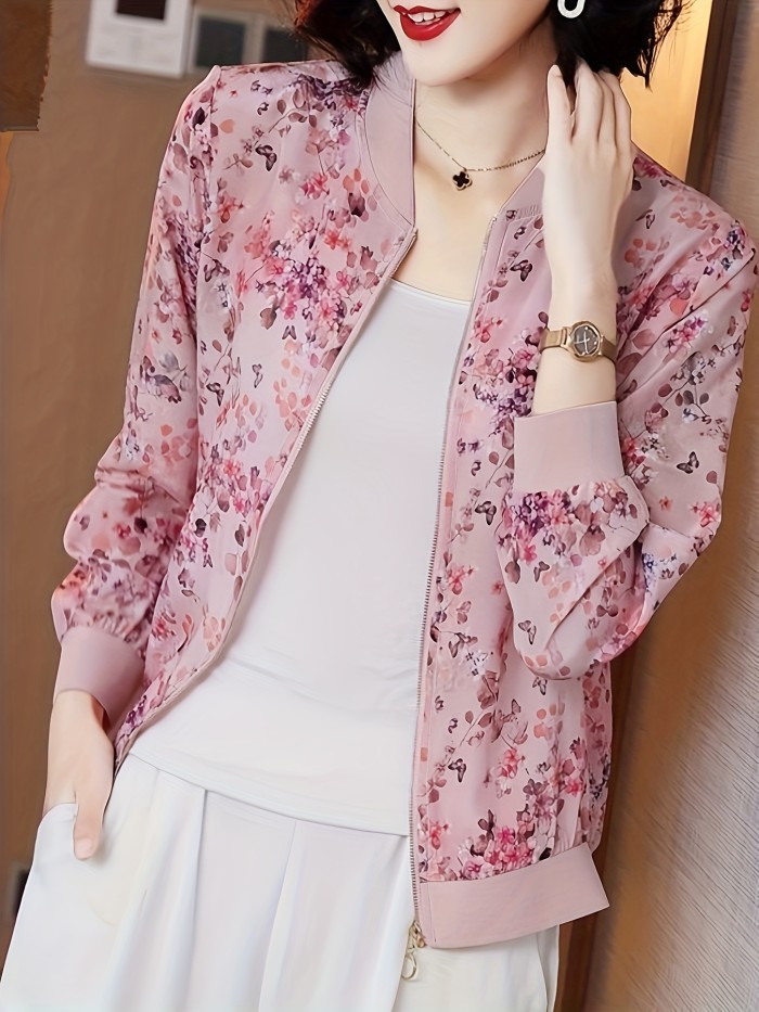 Women's Floral Print Lightweight Zip Up Jacket for Spring & Summer - Casual Long Sleeve Outerwear with Baseball Collar