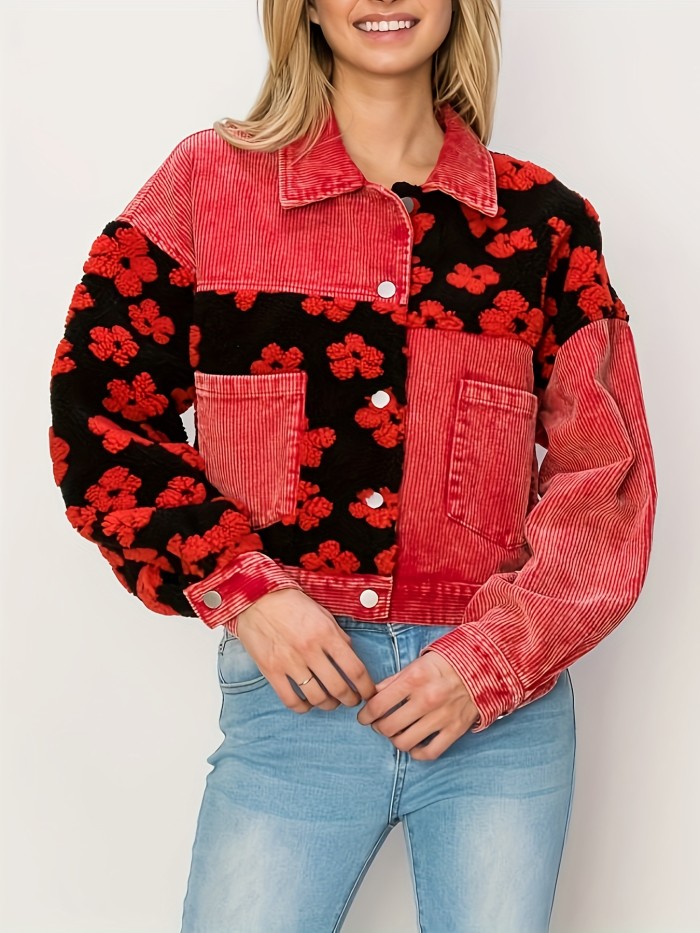 Floral Print Button Front Crop Jacket, Stylish Long Sleeve Corduroy Patchwork Jacket, Women's Clothing