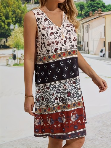 Floral Patchwork Print V-neck Dress, Casual Sleeveless Dress For Summer & Spring, Women's Clothing