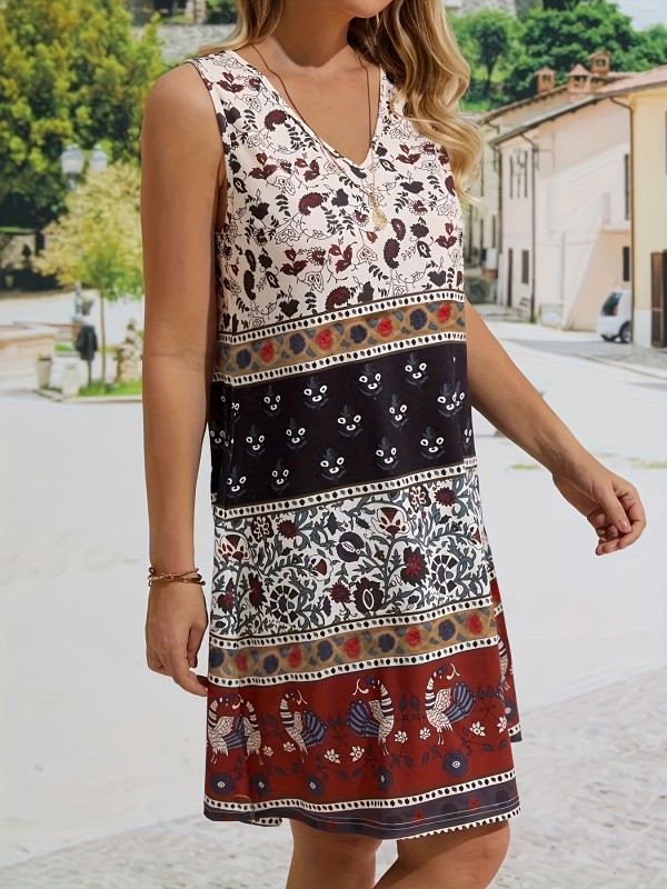 Floral Patchwork Print V-neck Dress, Casual Sleeveless Dress For Summer & Spring, Women's Clothing