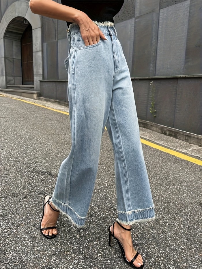 Raw Hem Loose Fit Wide Leg Jeans, Plain Washed Blue Streetwear Denim Pants, Women's Denim Jeans & Clothing