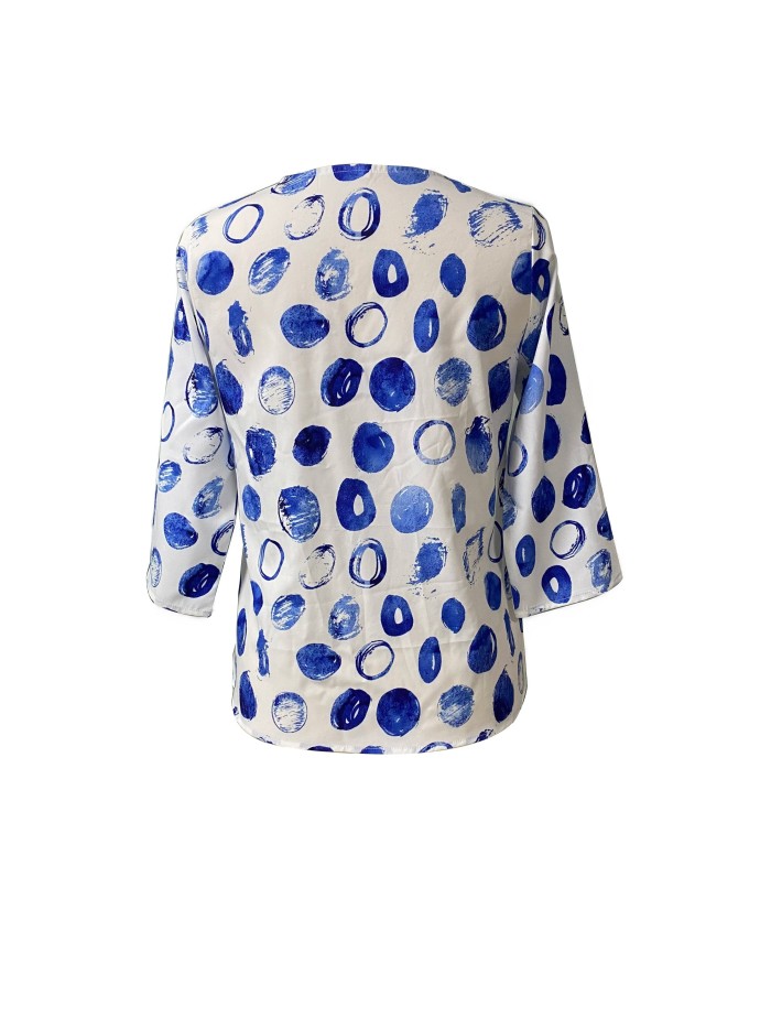Women's Polka Dot Print V Neck Blouse - Casual 3\u002F4 Sleeve Top for Stylish Comfort