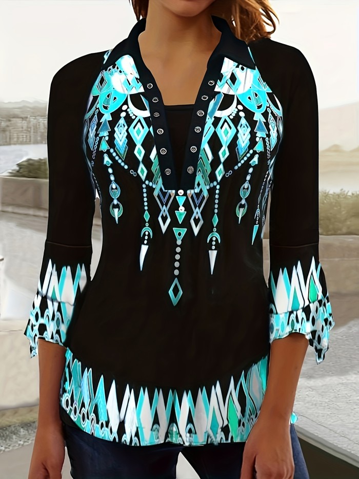 Geometric Print Collared T-Shirt - Casual Irregular Cuff Top for Women - Spring & Fall Fashion