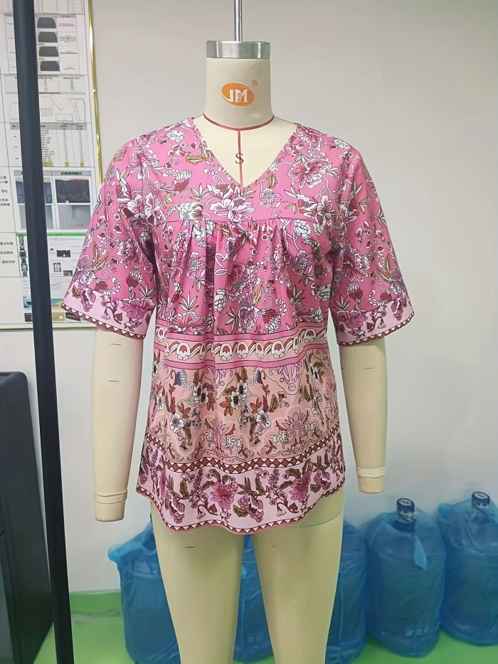 Ethnic Floral Print Blouse, Boho V Neck Half Sleeve Blouse, Women's Clothing