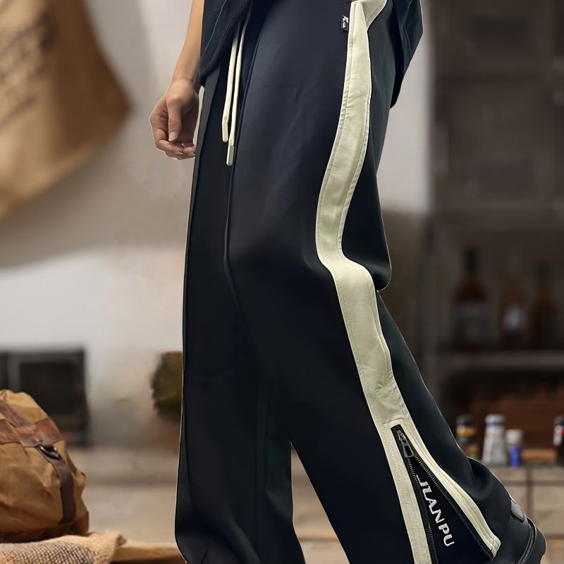 Men's Street Style Color Block Loose Long Drawstring Pants with Pockets and Side Zipper - Spring\u002FFall Outdoor Fashion