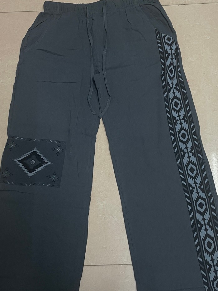 Men's Stylish Loose Cotton Blend Geometric Pattern Pants With Pockets, Casual Breathable Comfy Trousers For City Walk Street Hanging Outdoor Activities