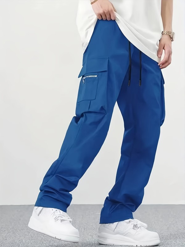 Men's Trendy Solid Cargo Pants with Multi Flap Pockets and Drawstring Waist - Loose Fit Outdoor Work and Streetwear Hip Hop Style
