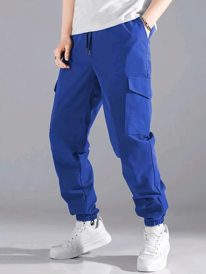 Men's Trendy Solid Cargo Pants with Multi Flap Pockets and Drawstring Waist - Loose Fit Outdoor Work and Streetwear Hip Hop Style