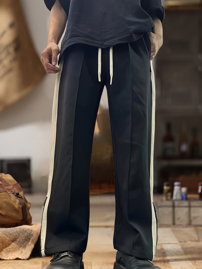 Men's Street Style Color Block Loose Long Drawstring Pants with Pockets and Side Zipper - Spring\u002FFall Outdoor Fashion