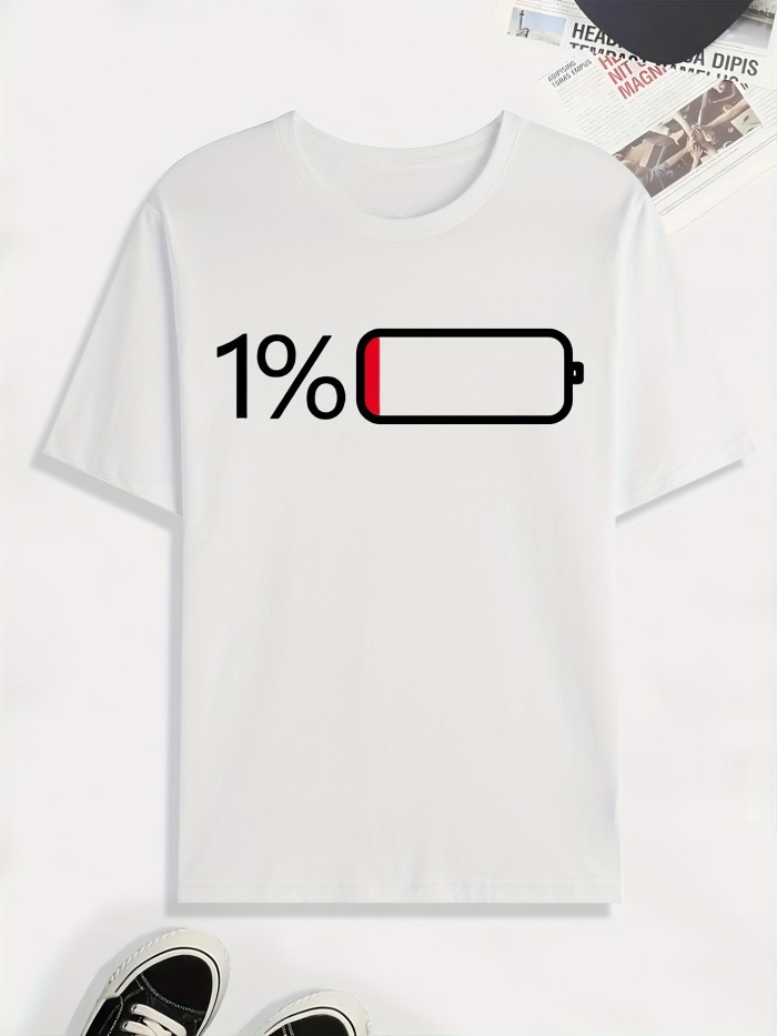 Battery Low Print T Shirt for Men - Casual Short Sleeve Tee for Summer and Fall - Unique Gift Idea