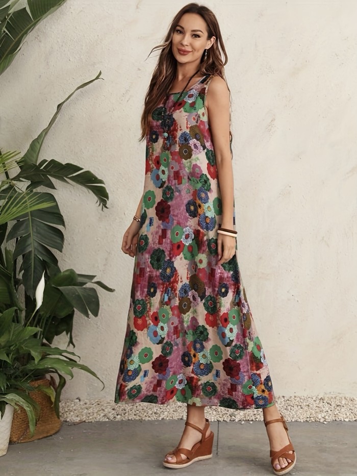 Floral Print Crew Neck Maxi Dress, Casual Sleeveless Tank Dress For Summer, Women's Clothing
