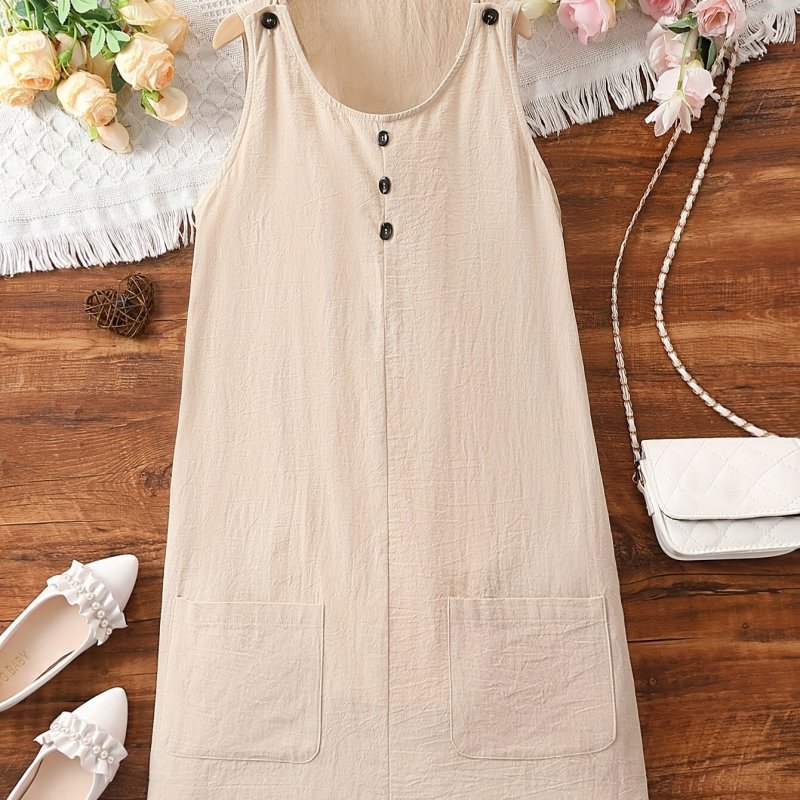 Women's Casual Sleeveless Summer Dress with Fake Button Detail