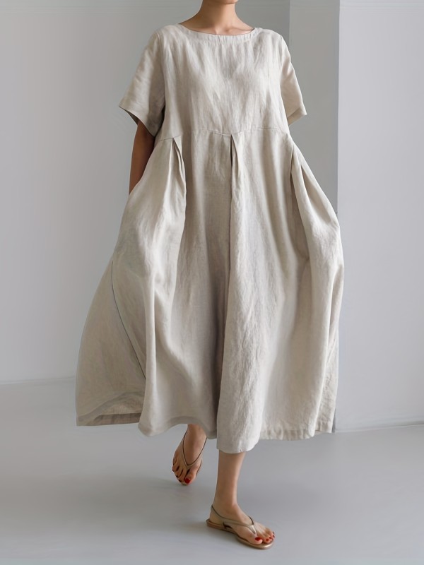 Casual Pleated Short Sleeve Midi Dress - Women's Loose Crew Neck Dress