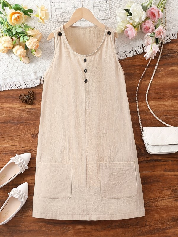 Women's Casual Sleeveless Summer Dress with Fake Button Detail