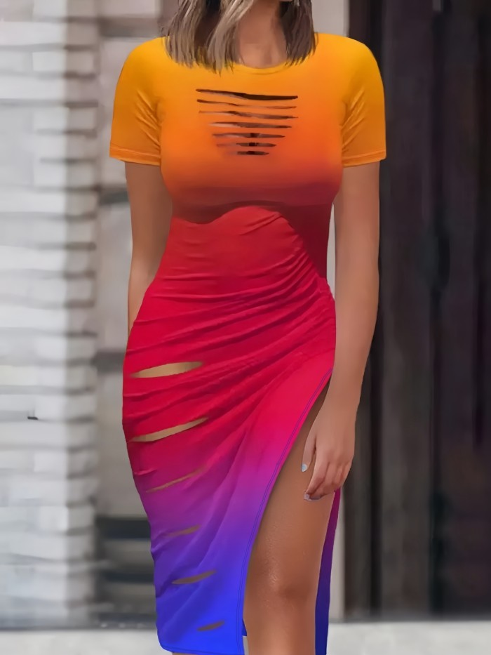 Sexy Bodycon Split Short Sleeve Drawstring Dress - Women's Clothing