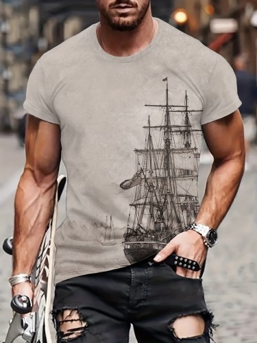 Tees For Men, Galleon Sailing Ship Print T Shirt, Casual Short Sleeve Tshirt For Summer Spring Fall, Tops As Gifts