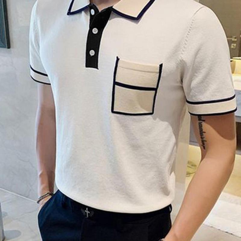 Men's Color Block Short Sleeve Button Up Lapel T-Shirt With Chest Pocket, Suit For Summer Daily