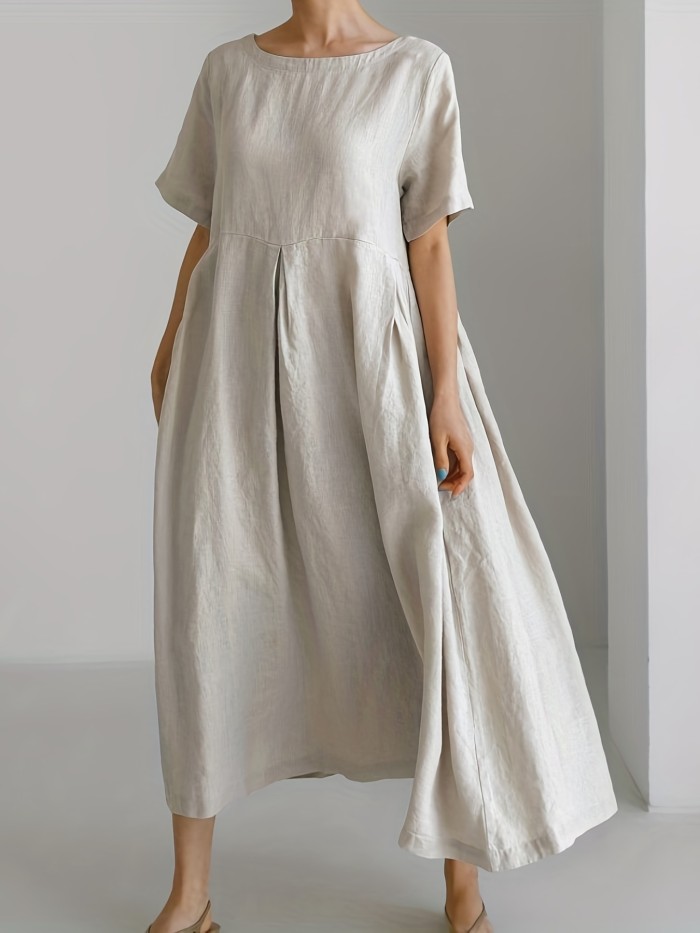 Casual Pleated Short Sleeve Midi Dress - Women's Loose Crew Neck Dress