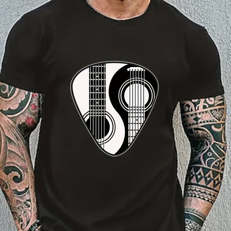Yin Yang Guitar Pattern Print Men's Comfy Stretch T-shirt - Graphic Tee for Summer Sports & Casual Outfits