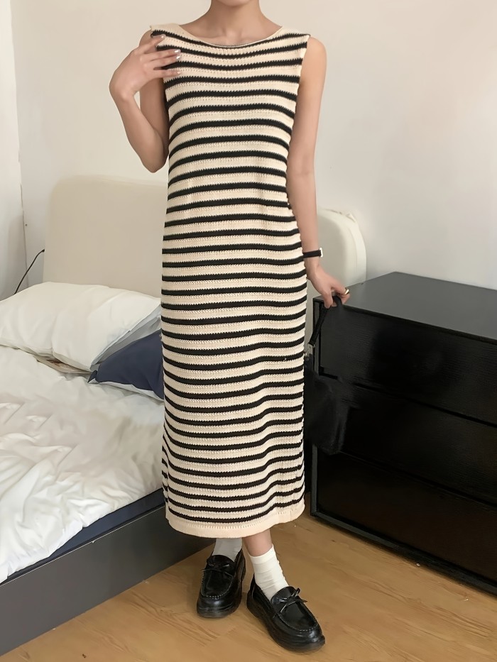 Striped Pattern Split Tank Dress, Casual Sleeveless Loose Dress For Spring & Summer, Women's Clothing