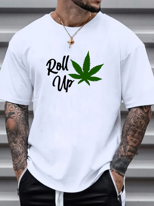 Men's 'Roll Up' Leaf Print T-Shirt - Casual Short Sleeve Tee for Summer, Spring, and Fall - Great Gift Idea