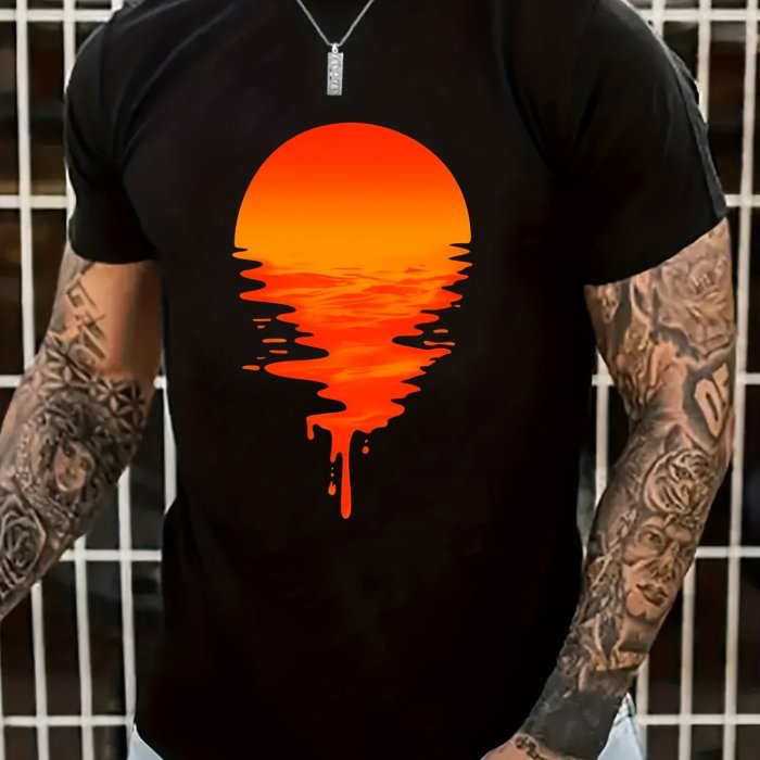 Men's Sunset Print Graphic Design Crew Neck T-shirt - Casual and Comfy Summer Tee for Daily Vacation Resorts