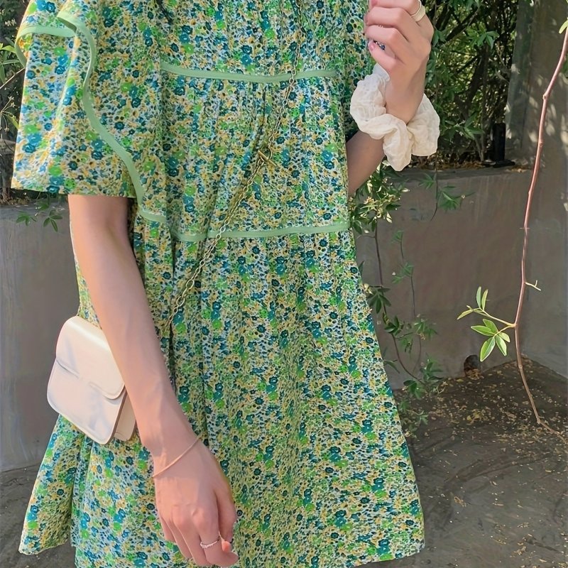 Floral Print Ruffle Trim Dress, Vintage Short Sleeve Loose Dress For Spring & Summer, Women's Clothing