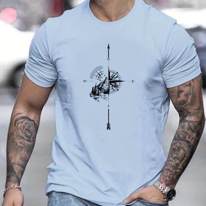 Mountain and Compass Pattern Print Men's Comfy T-shirt - Outdoor Graphic Tee