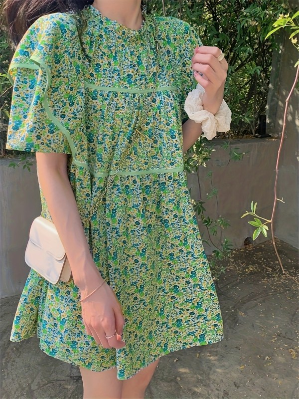 Floral Print Ruffle Trim Dress, Vintage Short Sleeve Loose Dress For Spring & Summer, Women's Clothing