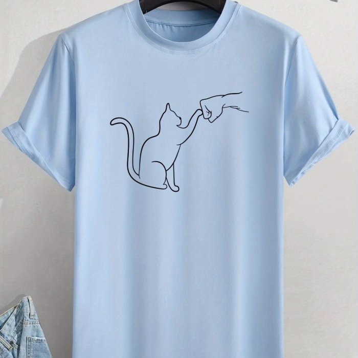 Cat Round Neck T-shirts, Causal Tees, Short Sleeves Tops, Men's Summer Clothing