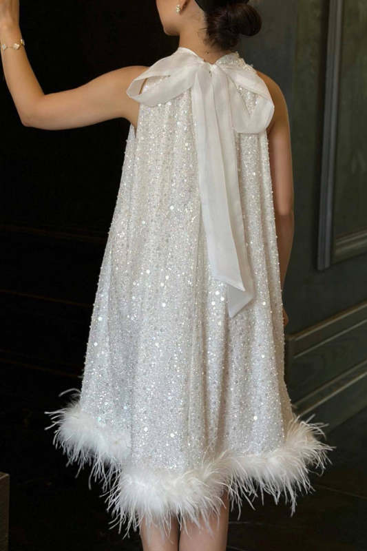 Celebrities Elegant Solid Sequins Feathers With Bow Halter Evening Dress Dresses