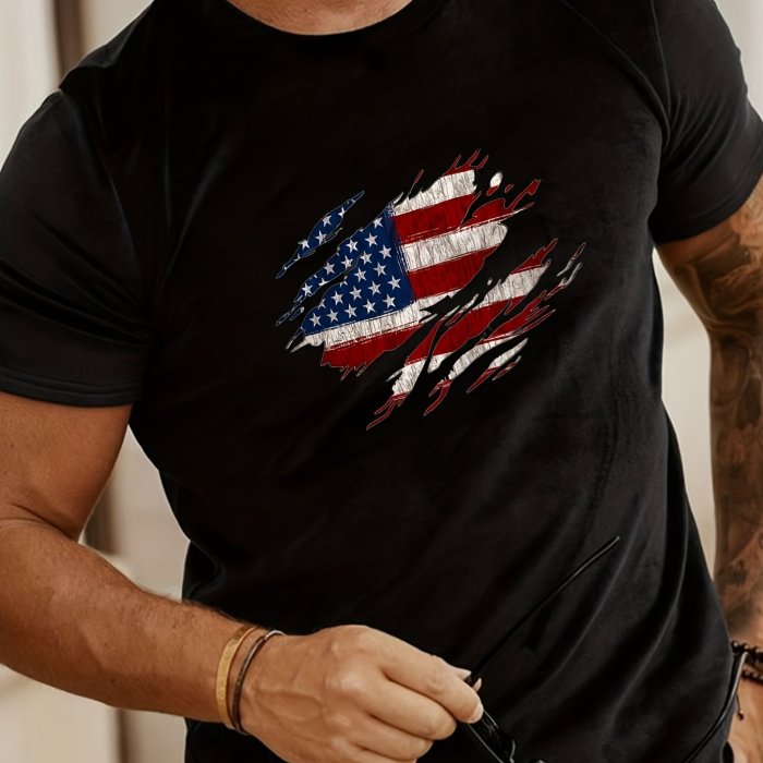American Flag Print Men's Comfy T-shirt - Summer Outdoor Graphic Tee