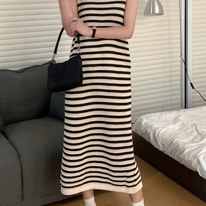 Striped Pattern Split Tank Dress, Casual Sleeveless Loose Dress For Spring & Summer, Women's Clothing