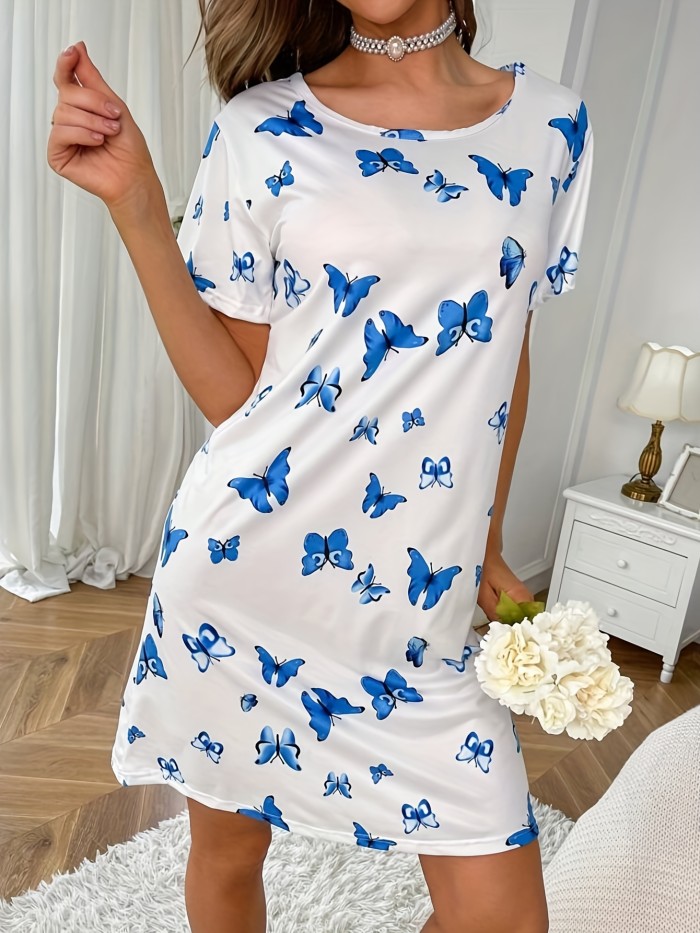 Women's Soft Casual Pajama Dress with Butterflies Print - Short Sleeve Loose Sleepwear & Loungewear