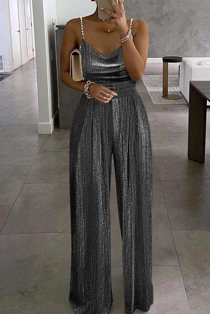 Casual Solid Beading Fold U Neck Loose Jumpsuits