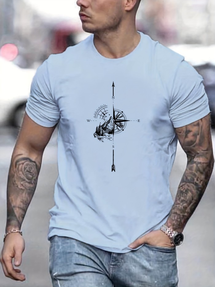 Mountain and Compass Pattern Print Men's Comfy T-shirt - Outdoor Graphic Tee