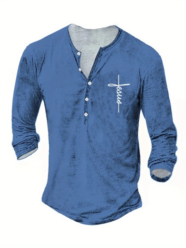 Letter Print Men's Retro Long Sleeve Henley Shirt, Spring Fall, Men's Casual Top