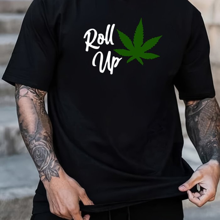 Men's 'Roll Up' Leaf Print T-Shirt - Casual Short Sleeve Tee for Summer, Spring, and Fall - Great Gift Idea