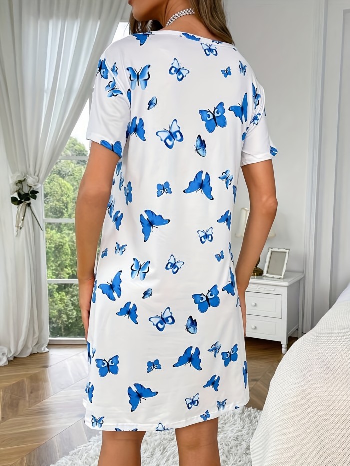 Women's Soft Casual Pajama Dress with Butterflies Print - Short Sleeve Loose Sleepwear & Loungewear