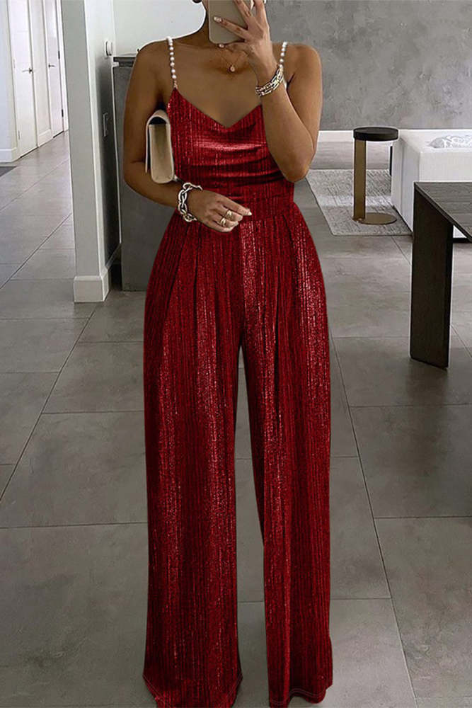 Casual Solid Beading Fold U Neck Loose Jumpsuits