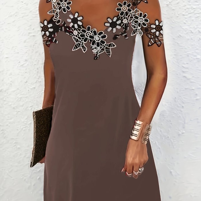 Women's Floral Applique Cold Shoulder Dress - Casual V Neck Summer Dress for a Stylish Look