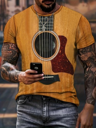 Vintage 3D Guitar Print Men's T-shirt - Summer Outdoor Tee