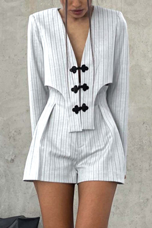 Casual British Style Striped Buttons Asymmetrical V Neck Long Sleeve Two Pieces