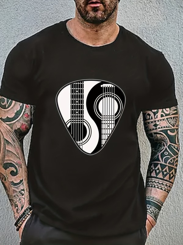 Yin Yang Guitar Pattern Print Men's Comfy Stretch T-shirt - Graphic Tee for Summer Sports & Casual Outfits